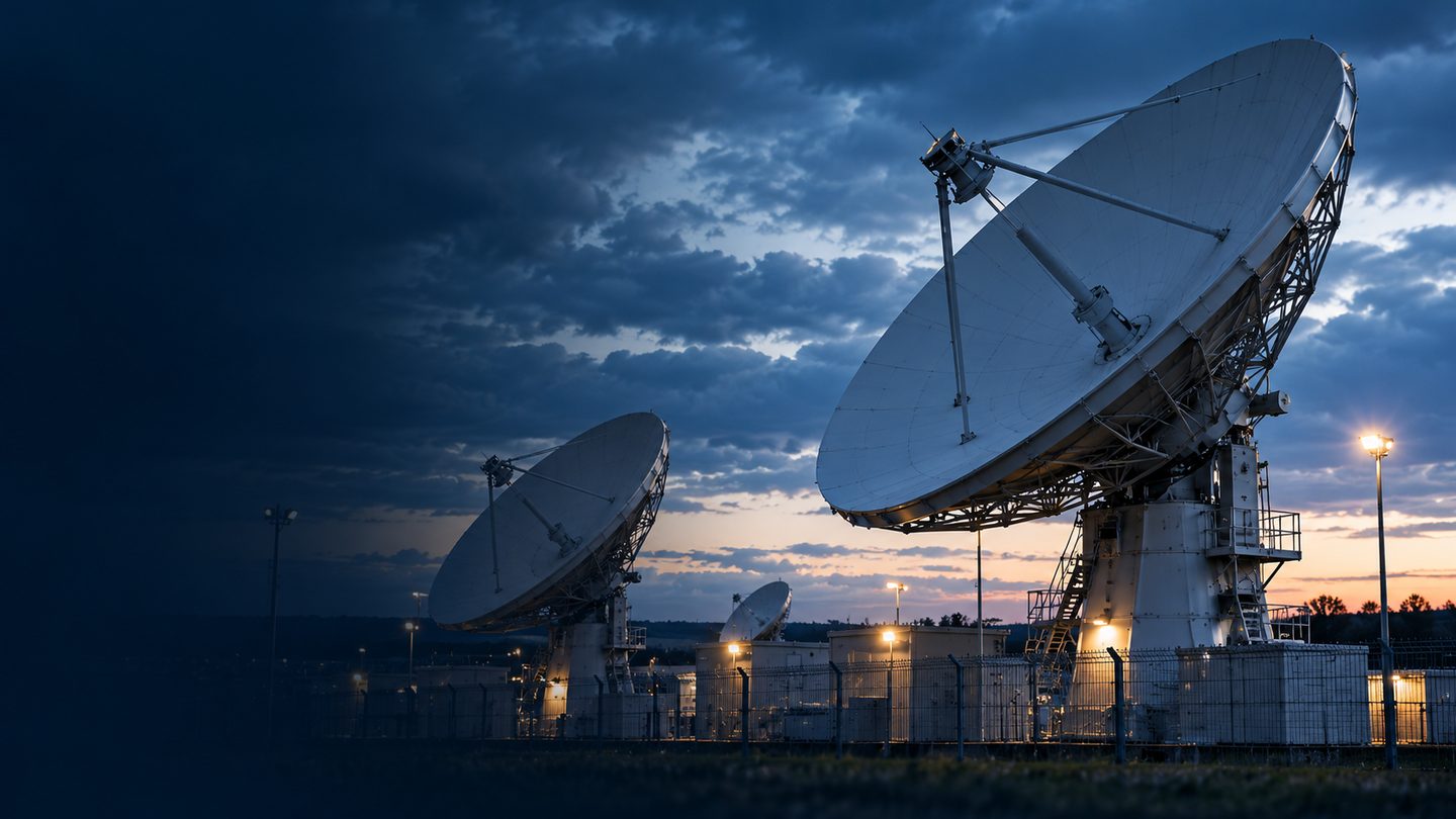 Symbolbild: Satelliten-Bodenstation in der Abenddämmerung